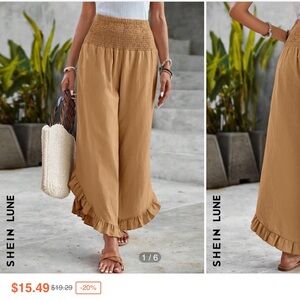 Light Tan Wide legged Cropped cotton pants with ruffled bottoms.